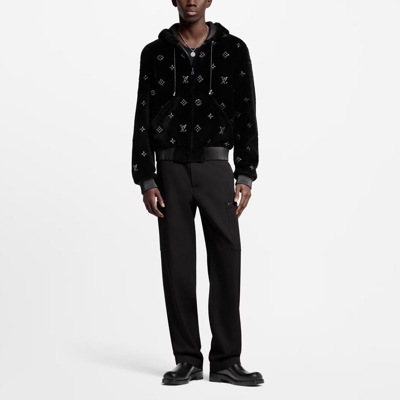LOUIS VUITTON Monogram Embellished Shearling Hoodie