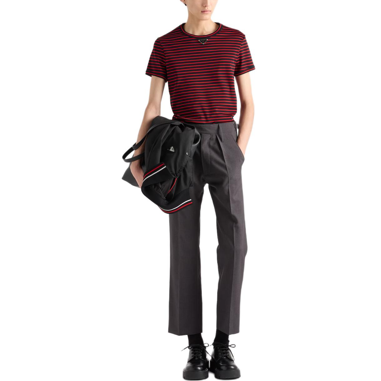 PRADA Triangle Logo Striped Crewneck T-Shirt