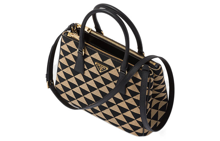 PRADA Galleria Killer Bag Embroidered Fabric Tote Bag Shopping Bag Small Size Women's Black/Beige Yellow