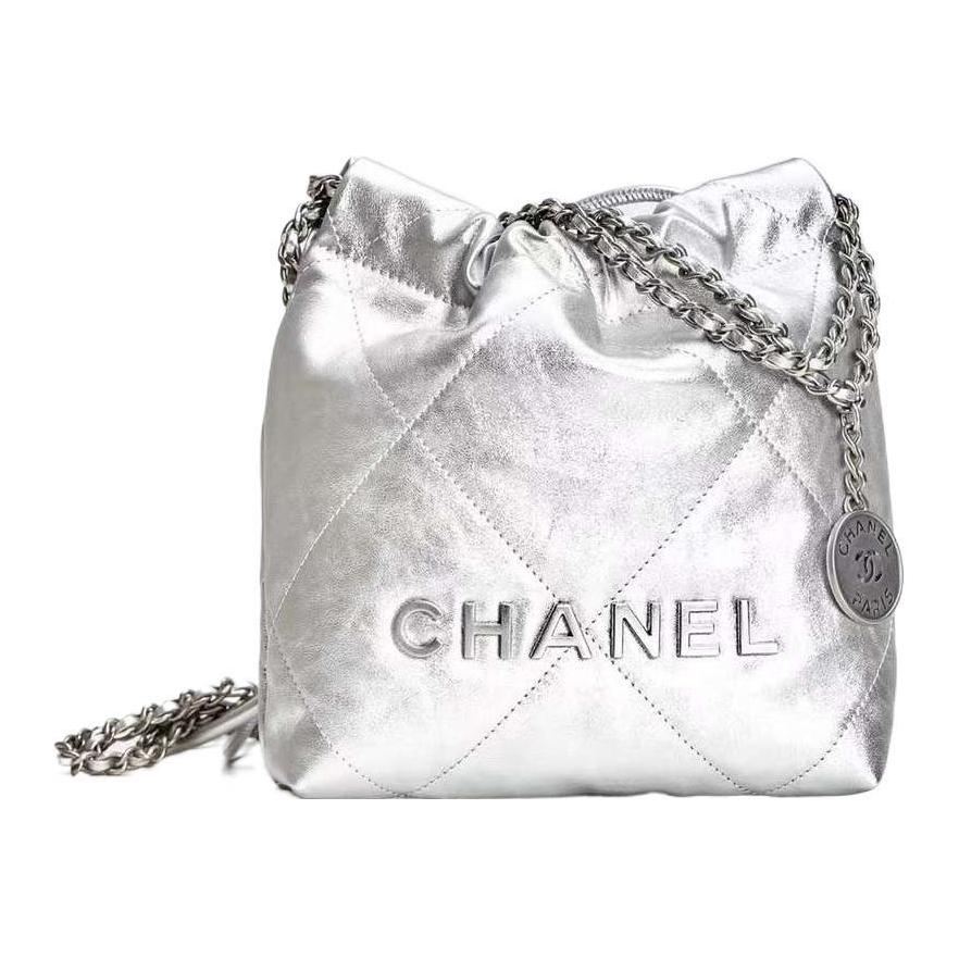 CHANEL 22Bag Shiny Calfskin Bucket Bags Shoulder Bag Crossbody Bag Mini Women's Silver