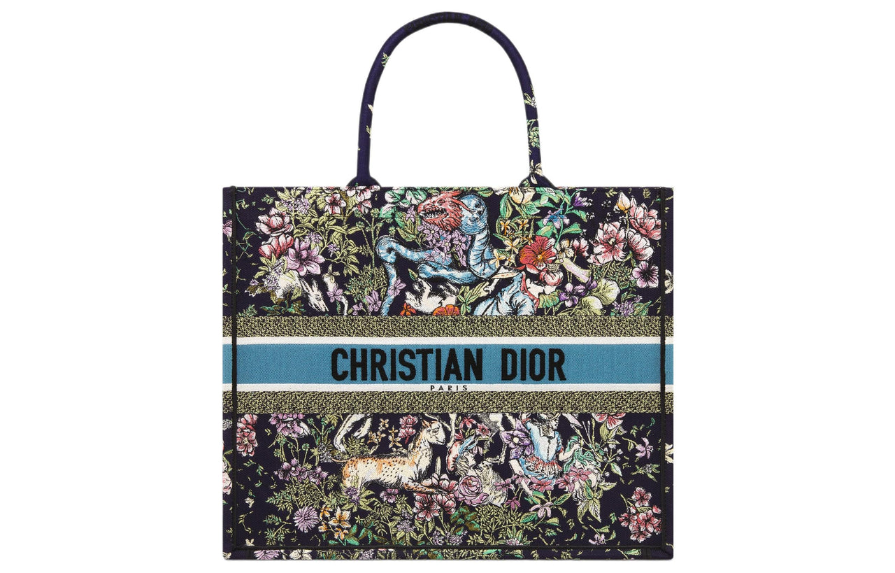 DIOR BookTote Embroidery Tote Bag Shopping Bag Handbag Large Size Women's Blue/Multicolor