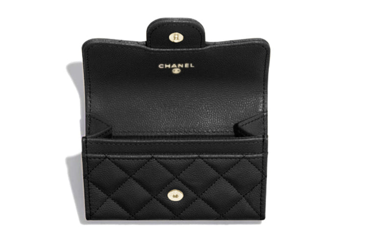 CHANEL Grained Embossed Cow Leather Coin Purse Card Holder Wallet Women's Black