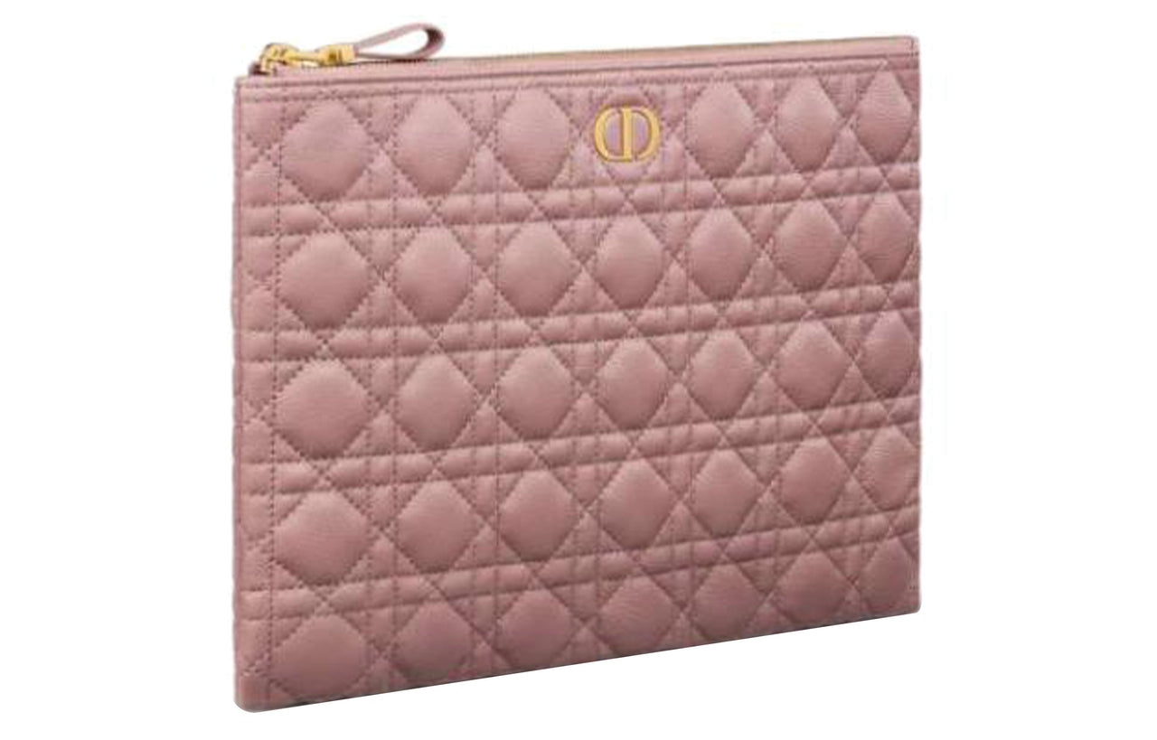 DIOR Caro Cow Leather Portable Clutch Large Size Women's Pink Peony