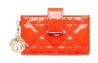 DIOR Lady Dior Patent Leather Cowhide Coin Purse Card Clip Card Holder Women's Bright Orange