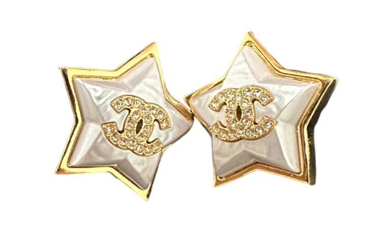 CHANEL Metal Clip-On Earrings Women's Gold/White