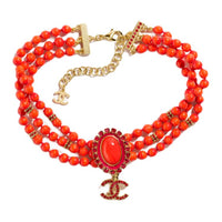 CHANEL Metal Resin Faux-Pearl Rhinestone Necklaces Unisex Red