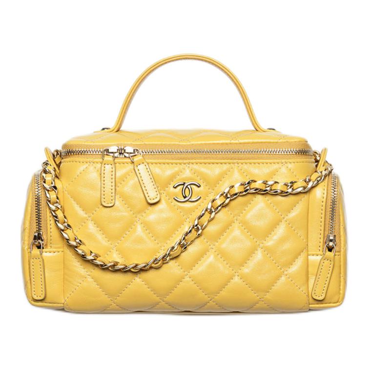CHANEL Wrinkle Lambskin Handbag Makeup Bag Women's Yellow