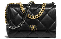CHANEL 19Bag Shiny Lambskin Handbag Shoulder Bag Crossbody Bag Large Size Women's Black