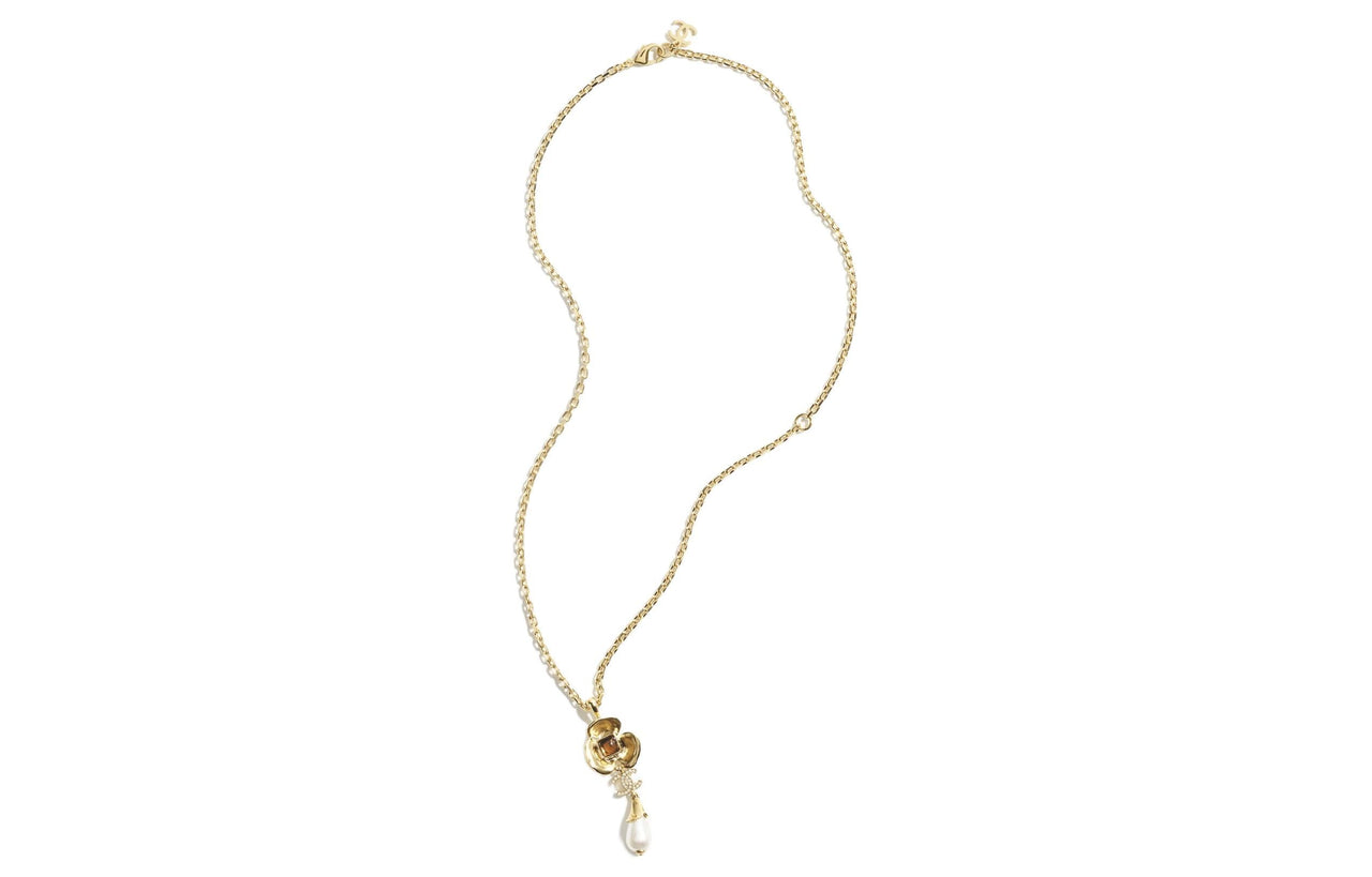 CHANEL Metal Resin Glass Pearl Diamond Crystal Necklaces Women's Gold