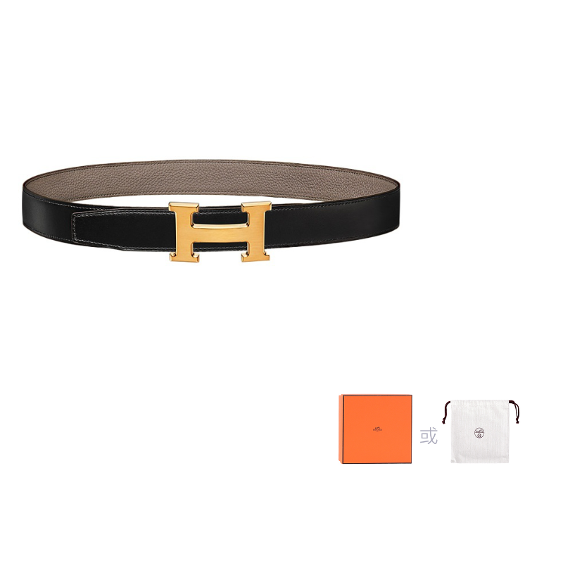 HERMES Togo Calfskin Double-Sided Leather Belt Leather Belts Unisex Black/Tin Gray 3.2cm