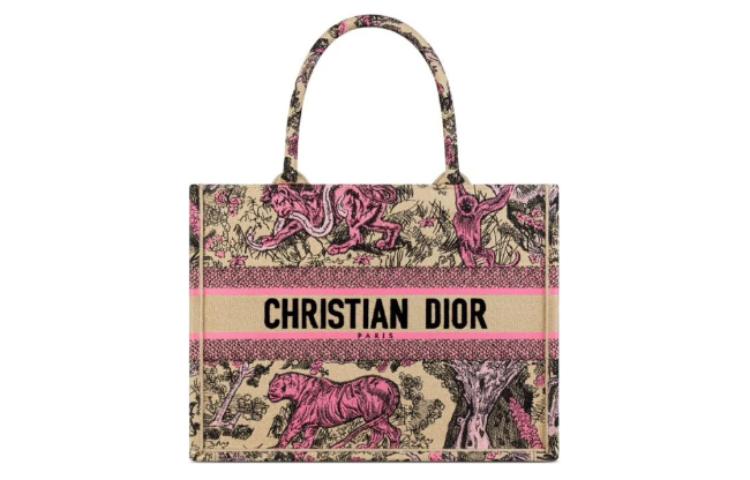 DIOR Embroidery Tote Bag Shopping Bag Handbag Medium Size Women's Beige & Pink