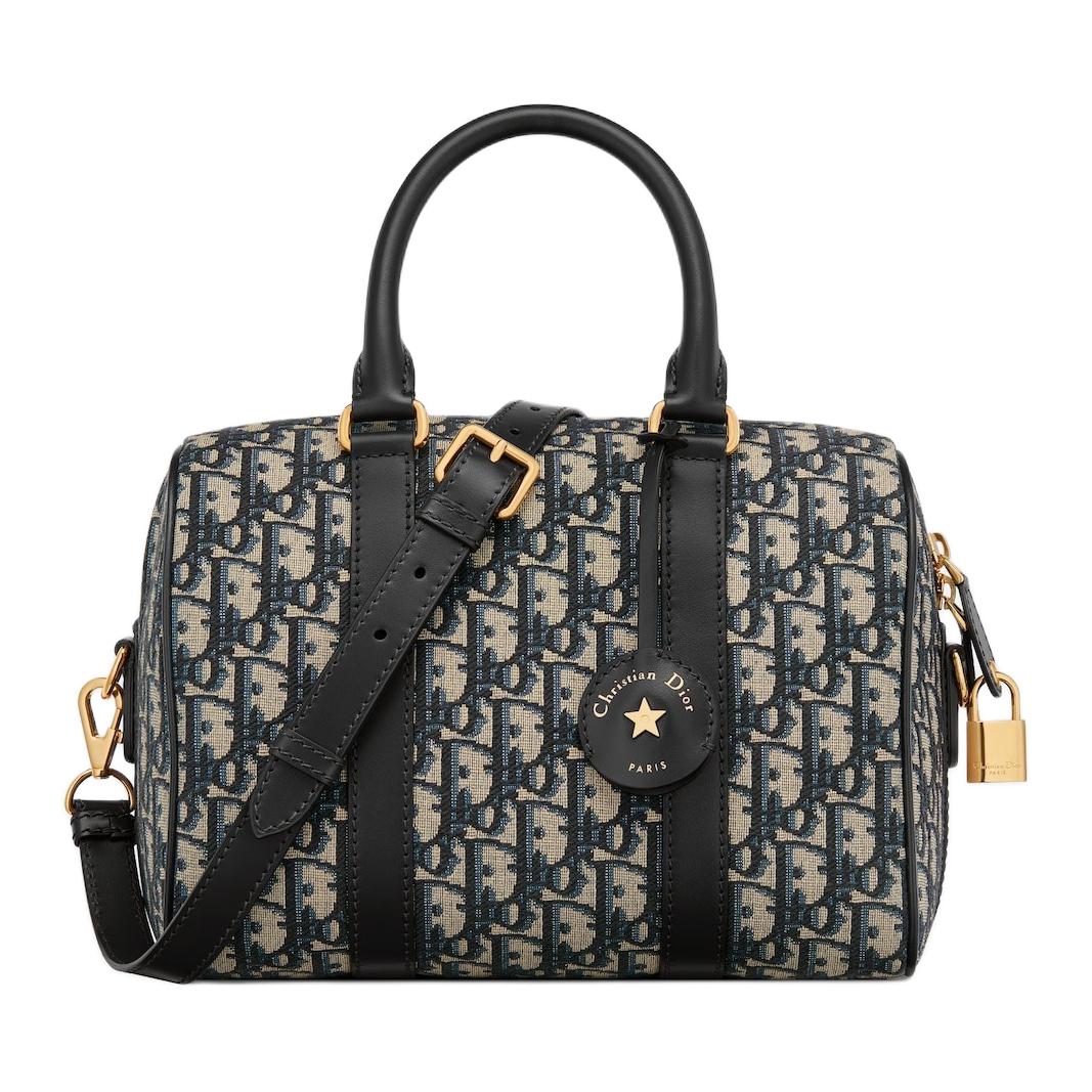 DIOR Oblique Jacquard With Leather Boston Bag Handbag Shoulder Bag Crossbody Bag Regular Women's Blue