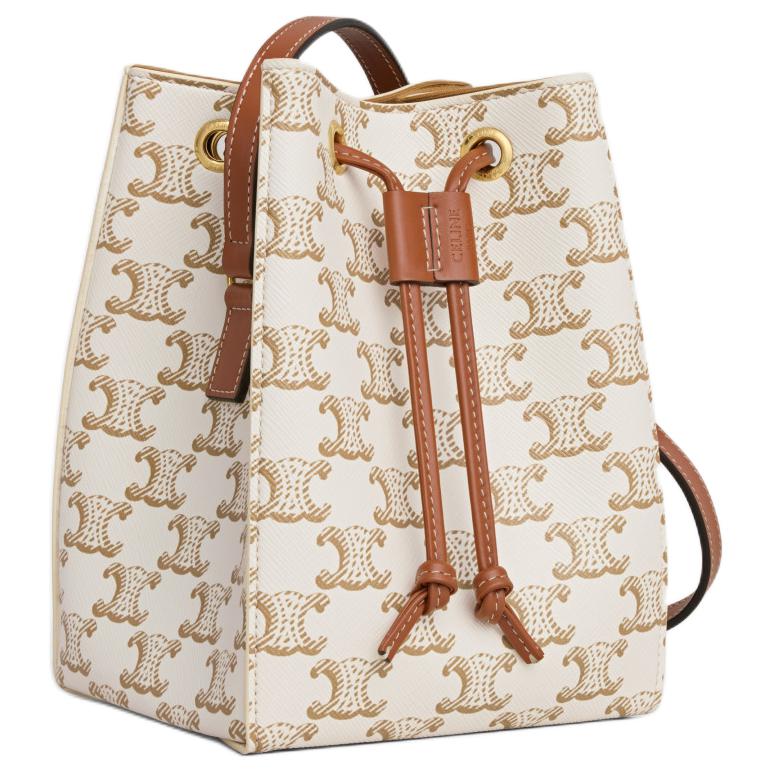 CELINE Canvas paneled Calfskin Trim Crossbody Bag, Shoulder Bag Mini Women's White & Tawny