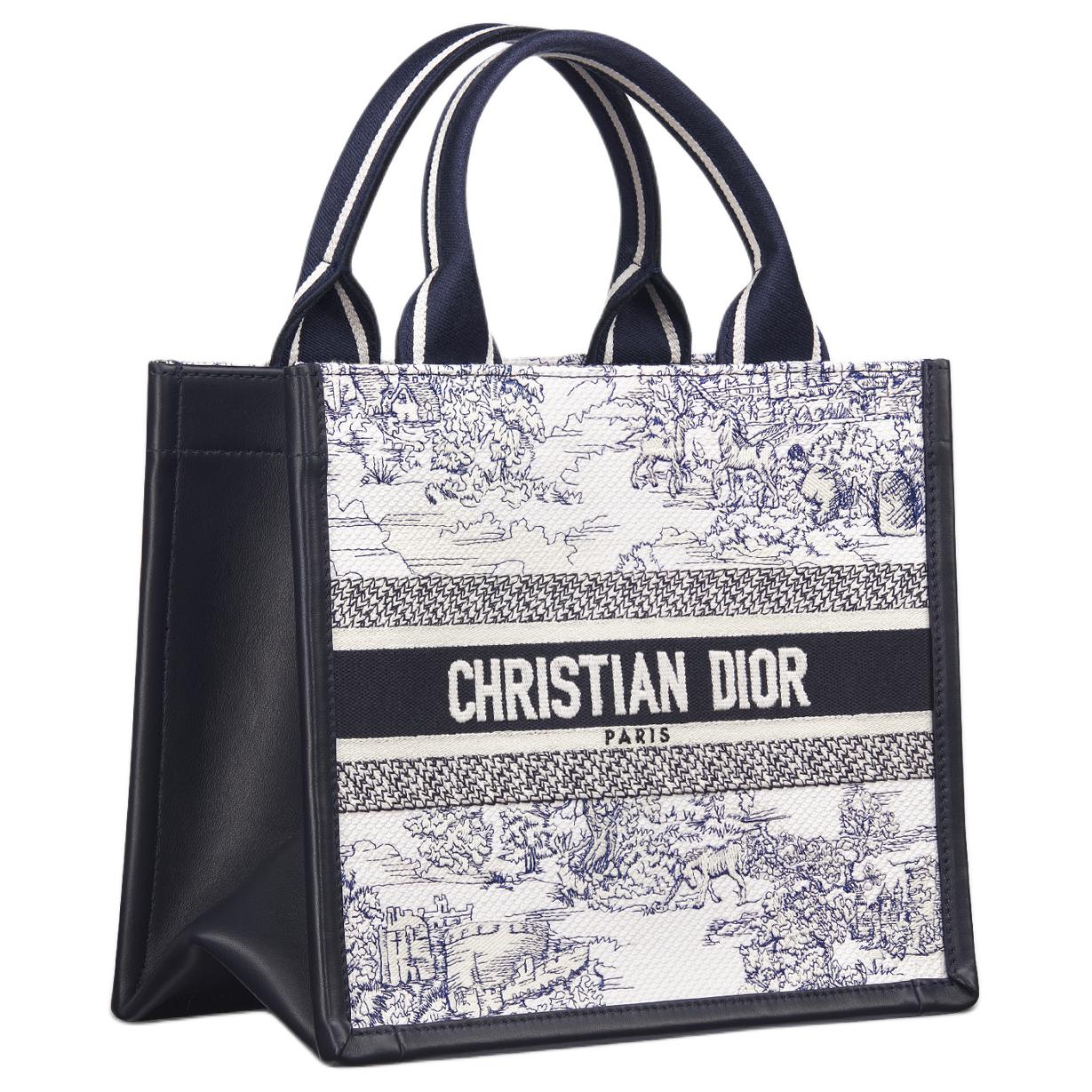 DIOR Cotton With Calfskin Tote Bag Shopping Bag Shoulder Bag Crossbody Bag Handbag Small Size Women's White & Blue