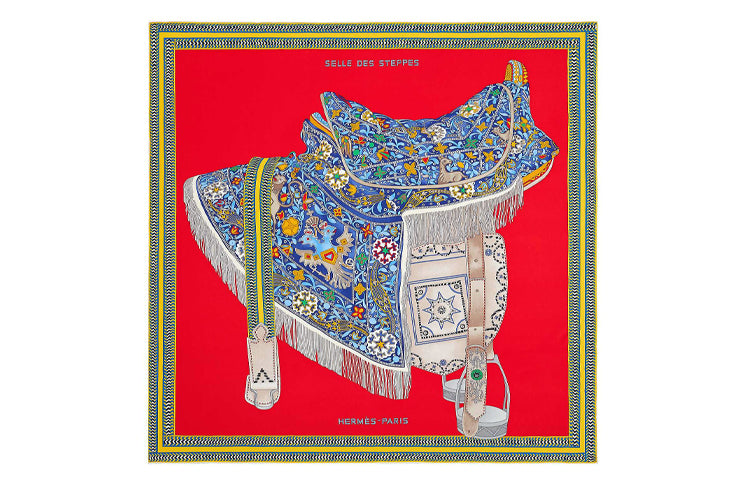 HERMES Silk Scarves Women's Red Blue/Gold