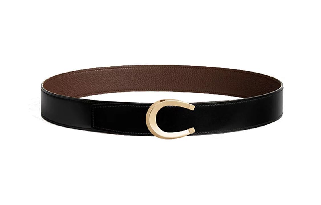 HERMES Ring Gold Smooth Buckle Calfskin Double-Sided Leather Leather Belts Men's Black Width: 3.8cm