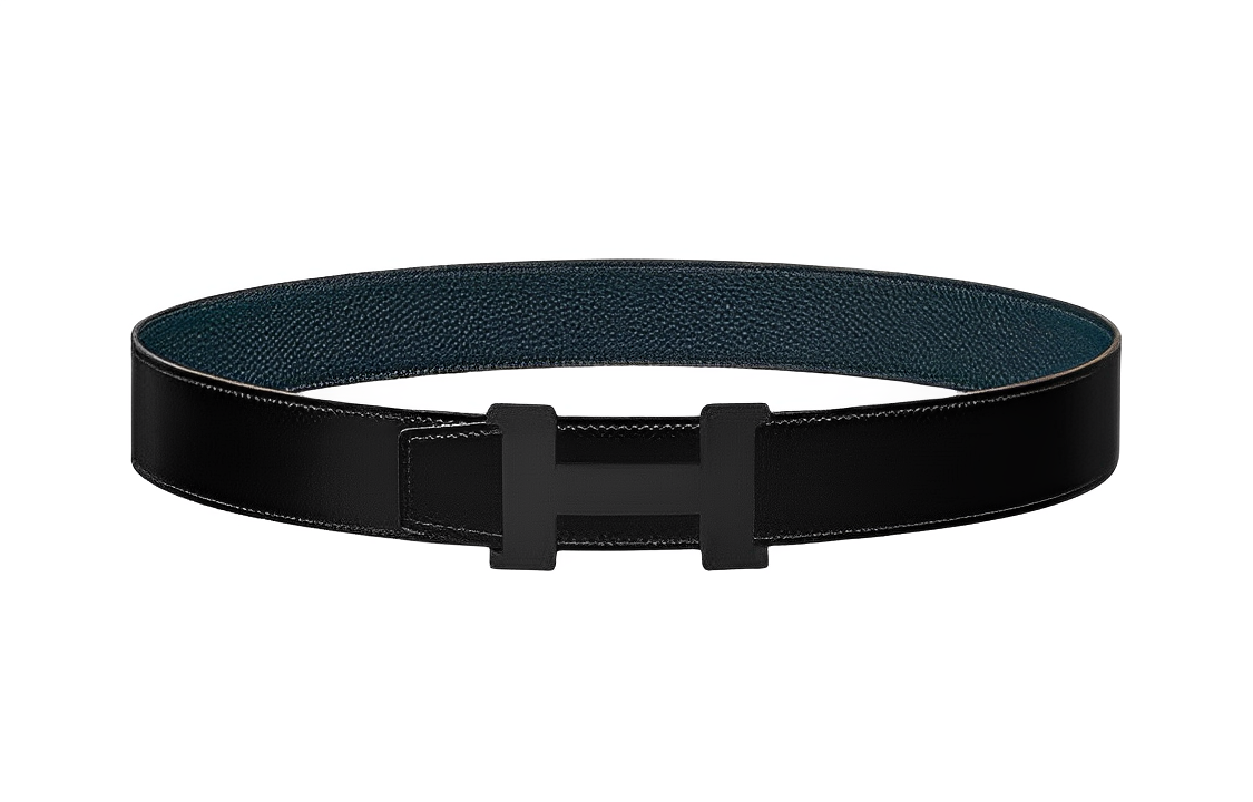 HERMES Cow Leather Leather Belts Unisex Black/Blue Width: 3.8cm