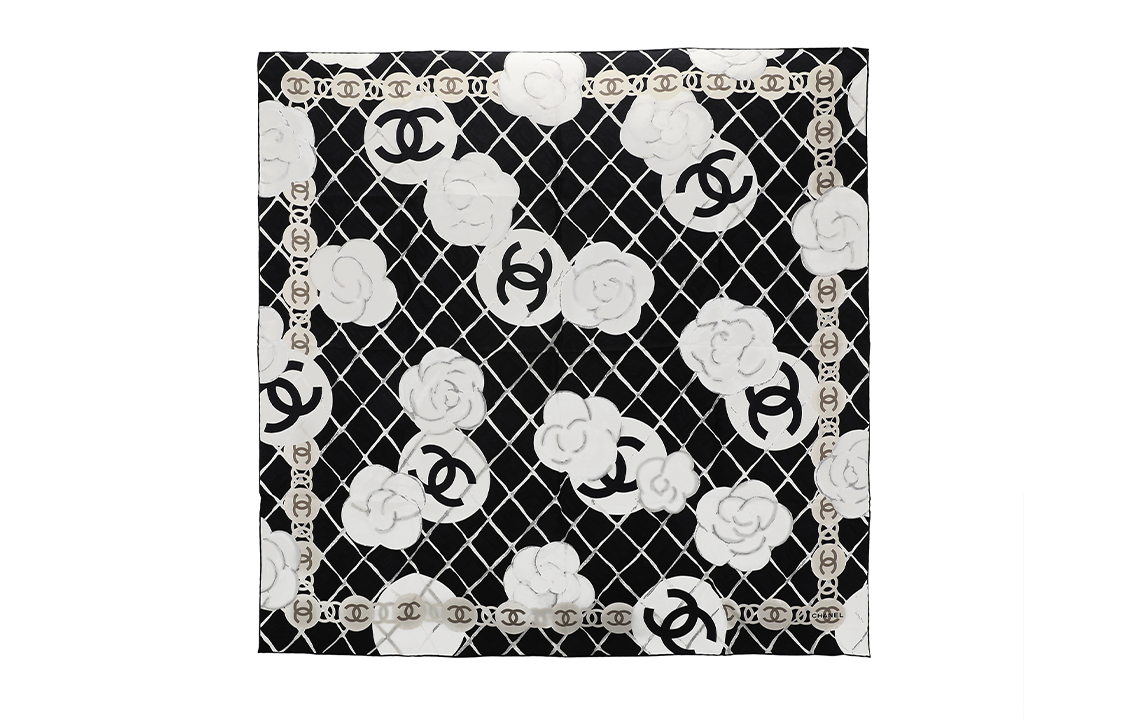 CHANEL Silk Silk Scarves Women's Black White