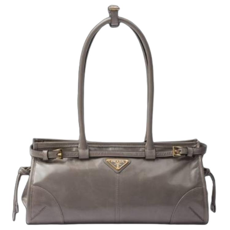 PRADA Calfskin Shoulder Bag Medium Size Women's Asphalt Gray