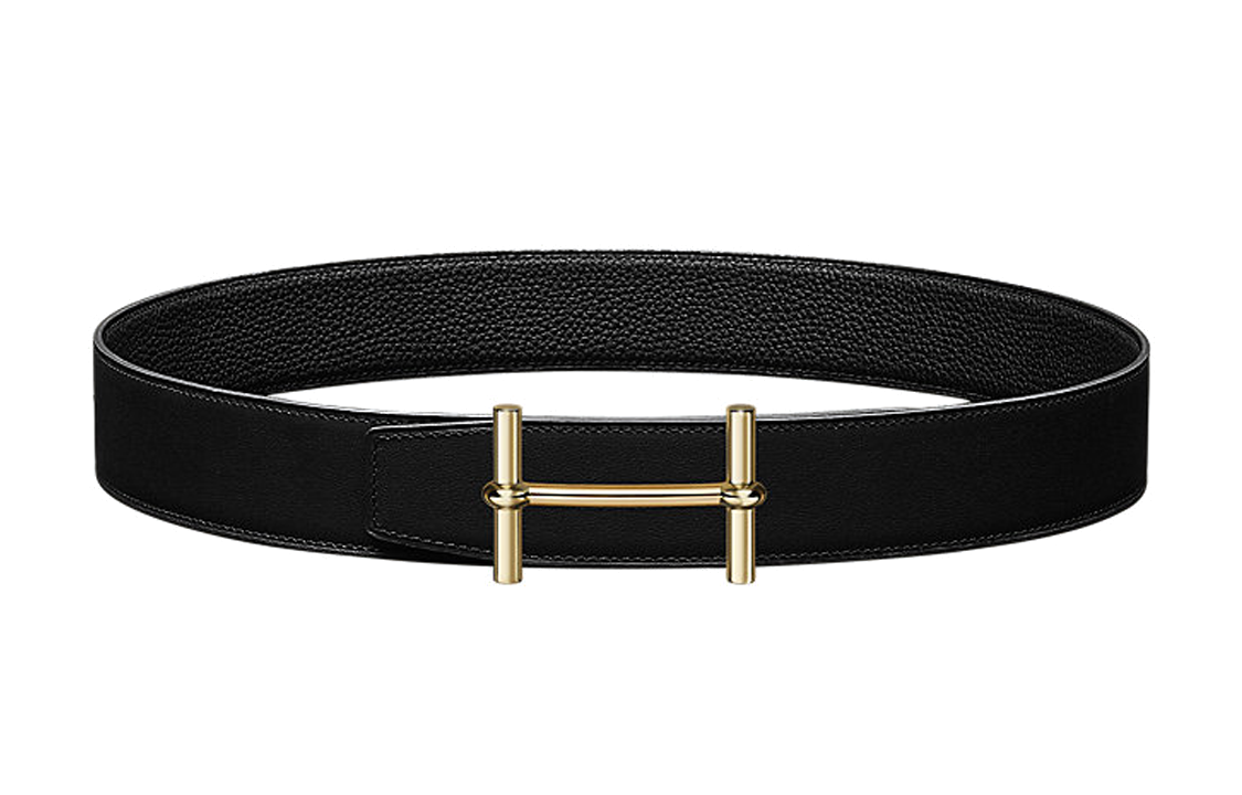 HERMES Fashion Trend Elegant Gold Buckle Togo Calfskin Double-Sided Leather Belt Men's Black Width: 3.8cm