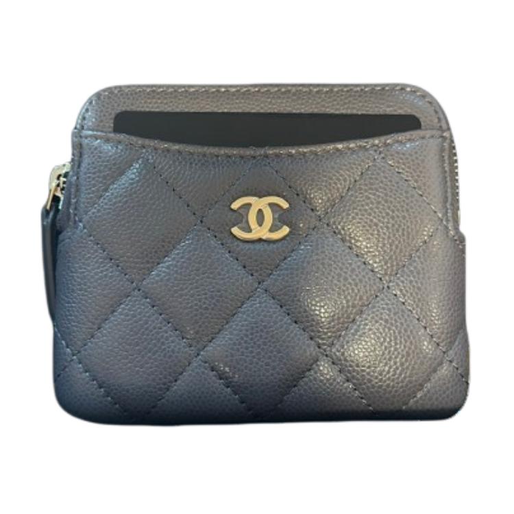 CHANEL Grained Cow Leather Wallet Women's Gray