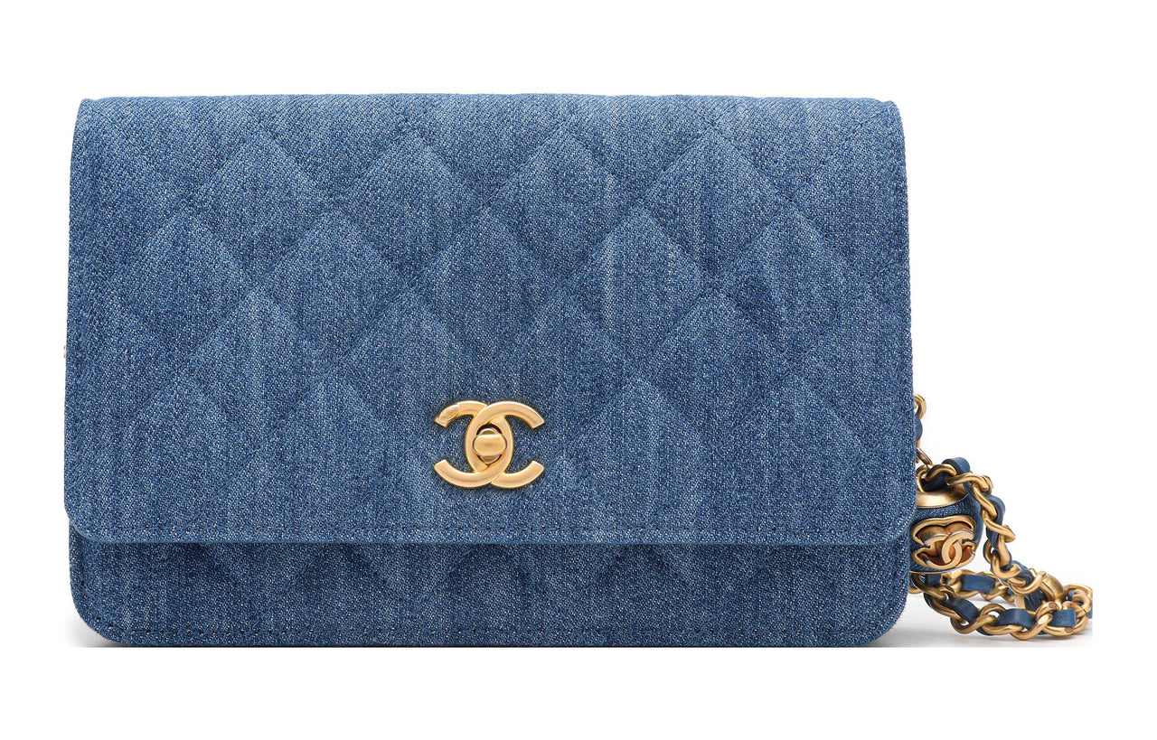 CHANEL Small Gold Ball WOC Velour Wallet On Chain, Shoulder Bag, Crossbody Bag Regular Women's Blue