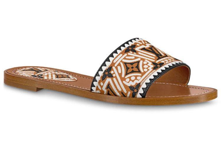 LOUIS VUITTON Lock It Genuine Leather Sole Slide Slippers Women's Amber