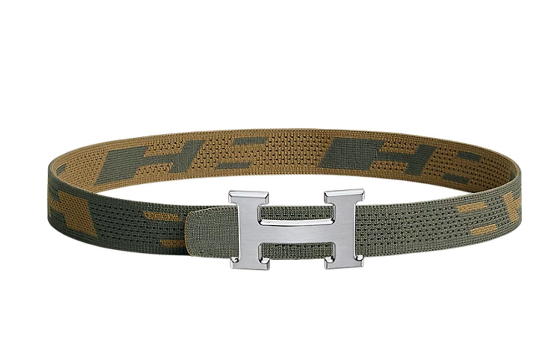 HERMES Avant-Garde Comfortable Smooth Silver Buckle Nylon Belt Men's Gray Green/Dark Green Brown Width 32mm