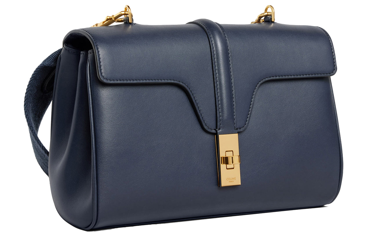 CELINE 16 Smooth Cow Leather Shoulder Bag Women's Marine Blue