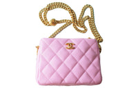 CHANEL 23P SS Grain Embossed Cow Leather Hobo Bag Small Square Bag Shoulder Bag Crossbody Bag Small Size Unisex Pink