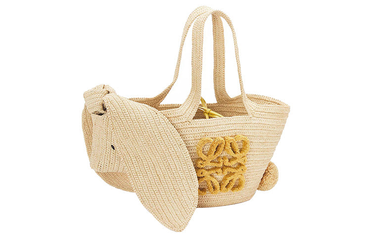 LOEWE Raffia Fiber Cow Leather Patchwork Handbag Small Size Women's Original
