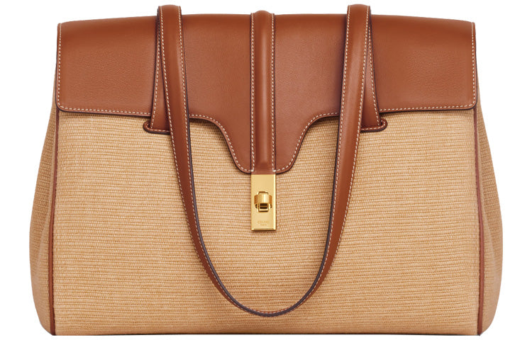 CELINE 16 Textile Cow Leather Handbag Shoulder Bag Tote Medium Size Women's Beige/Tan