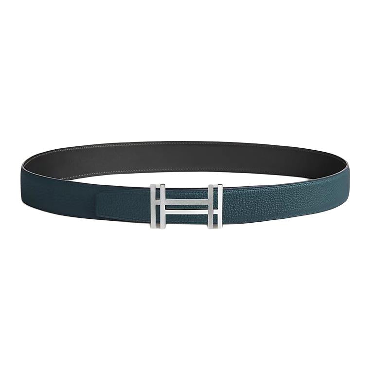 HERMES Togo Calfskin Double-Sided Leather Belt Unisex Black/Prussian Blue Width: 3.2cm