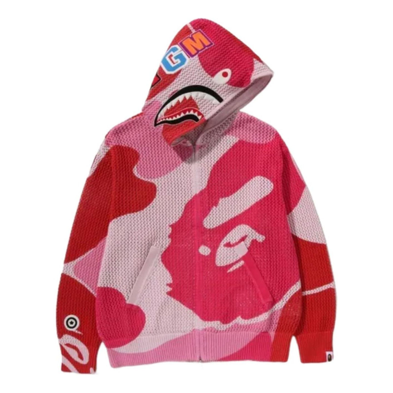 A Bathing Ape Camo Crochet Shark Relaxed Fit Full Zip Hoodie 'Pink' 1M30-115-311-PNK