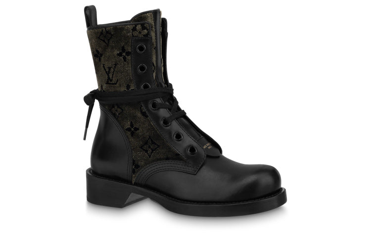 (WMNS) LOUIS VUITTON LV Flat Ranger Boots 'Black with Olive Green Monogram' 1AADKK