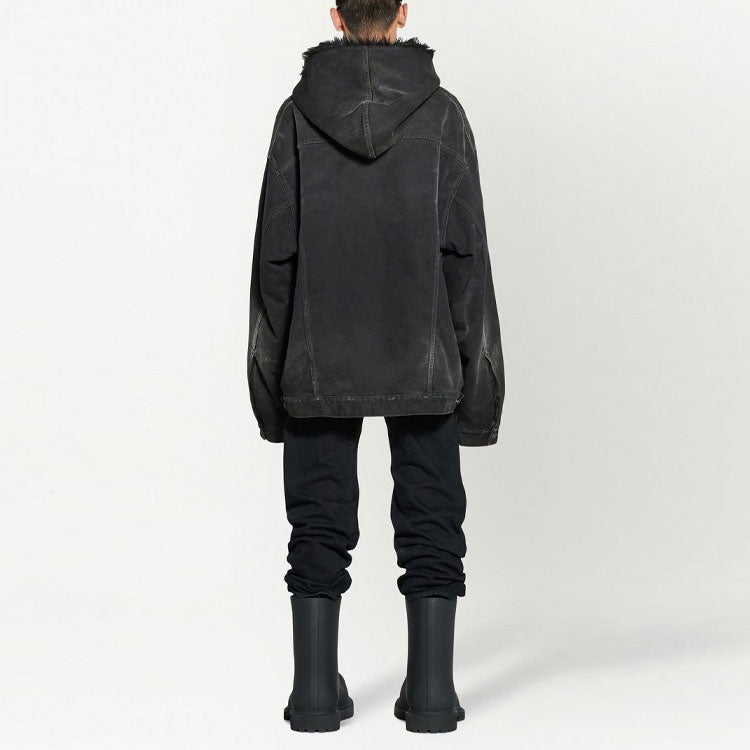 Balenciaga Bleached-Effect Button-Up Hooded Denim Jacket 'Black' 724653TNW541129