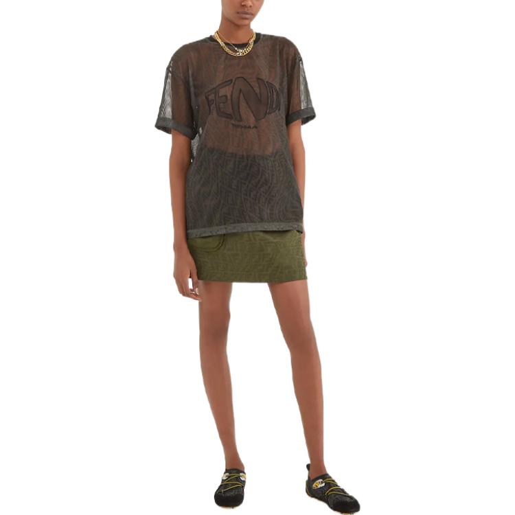 FENDI SS21 Mesh Round Neck Loose Short Sleeve Brown T-Shirt FS7375AG77F118W