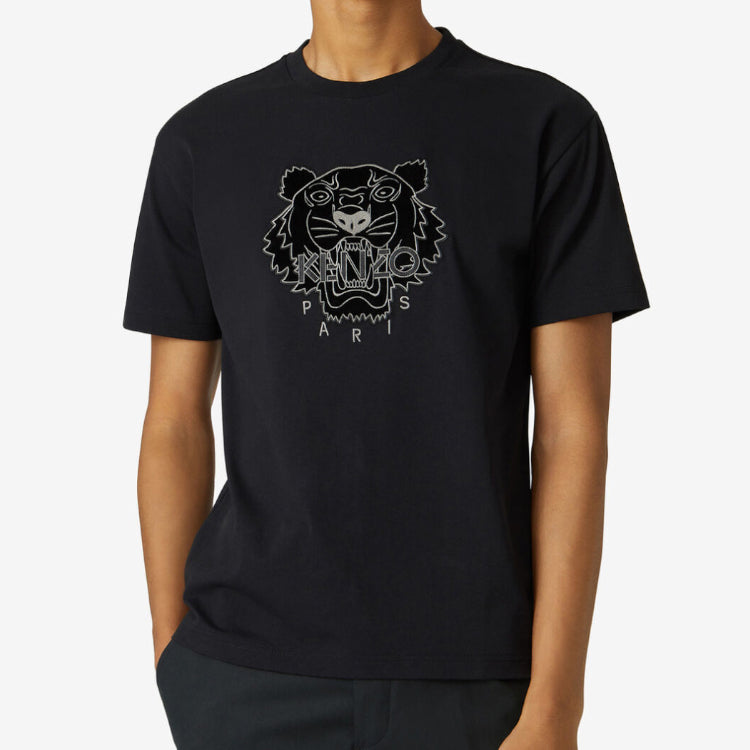 Men's KENZO Tiger Head Embroidered Cotton Loose Version Round Neck Short Sleeve Black T-Shirt FA65TS0654YI-99