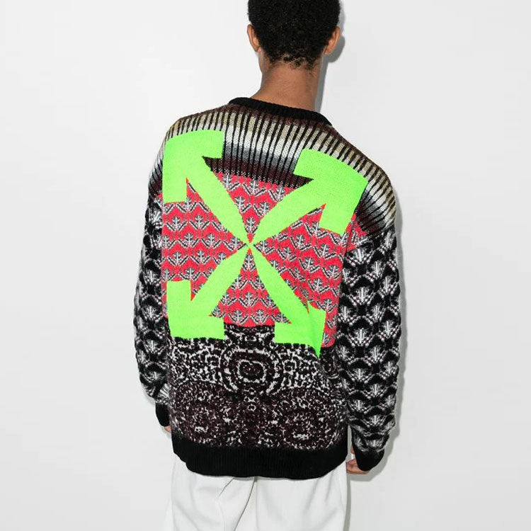 Men's Off-White FW21 Logo Arrow Pattern Round Neck Wool Sweater Loose Fit Green OMHE059F20KNI00109550955