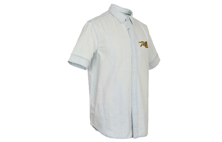Men's KENZO Embroidered Pattern Short Sleeve Denim Casual Shirt Light Blue F955CH6142FK-63