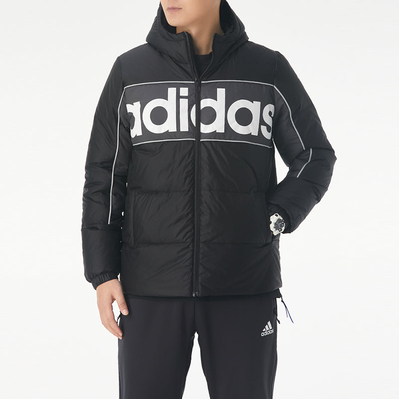 adidas neo M Brnd Dwn Puff Stay Warm Colorblock logo Printing Sports hooded down Jacket Black GJ8804