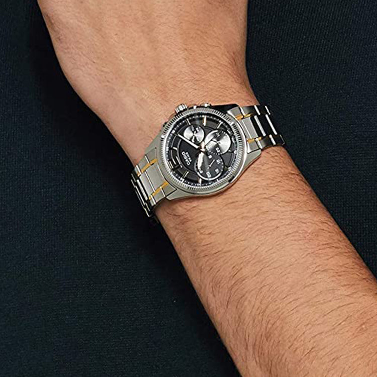 Men's CASIO Waterproof Quartz Three Eyes Dial 42mm Gold Stainless Steel Strap Watch Mens Black Analog MTP-E305SG-1AVDF