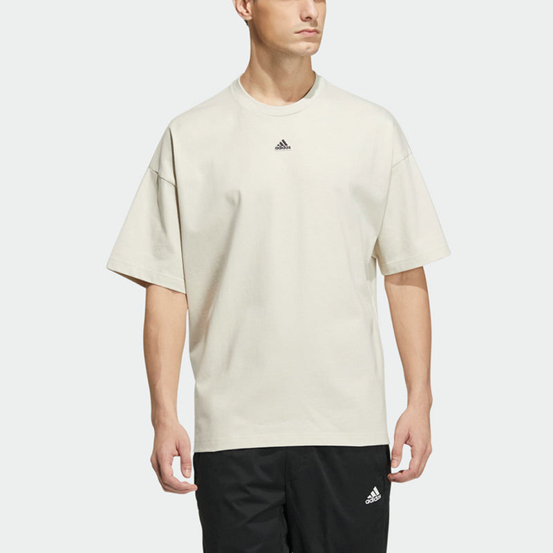 Men's adidas Solid Color Logo Loose Sports Short Sleeve Creamy White T-Shirt HS4379