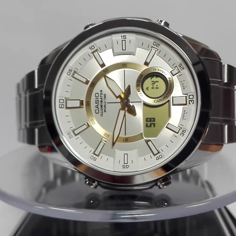 CASIO Waterproof Stainless Steel Strap Mens Silver Analog/Digital Combo AMW-810D-9A