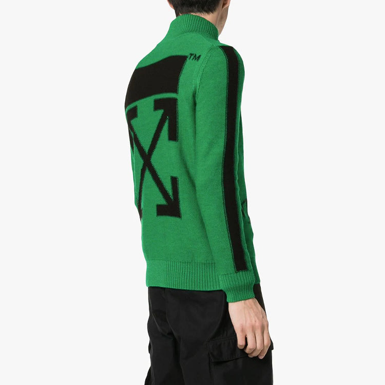Men's Off-White FW21 Logo Alphabet Printing Zipper Knit Pullover Wool Sweater Green OMHF003R19A280304010