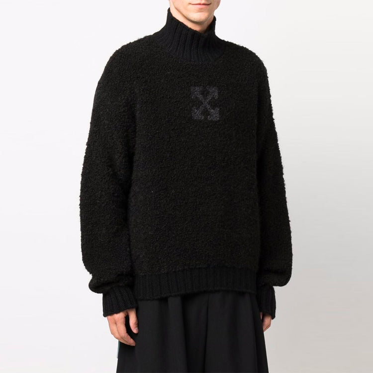 Men's Off-White FW21 Logo Pattern Solid Color High Collar Wool Sweater Loose Fit Black OMHA130F21KNI0011010