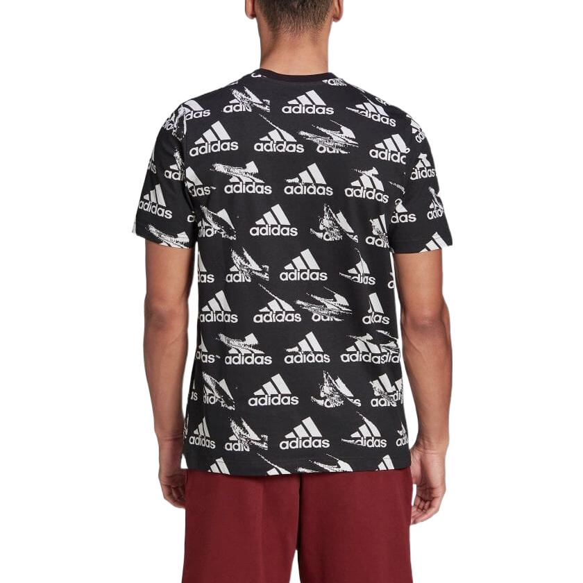 Men's adidas Logo Full Print Round Neck Pullover Short Sleeve Japanese Version Black T-Shirt HE1788