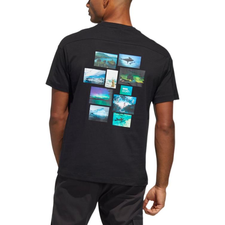 adidas FW22 Back Photo Printing Round Neck Short Sleeve Japanese Version Black T-Shirt HE5242