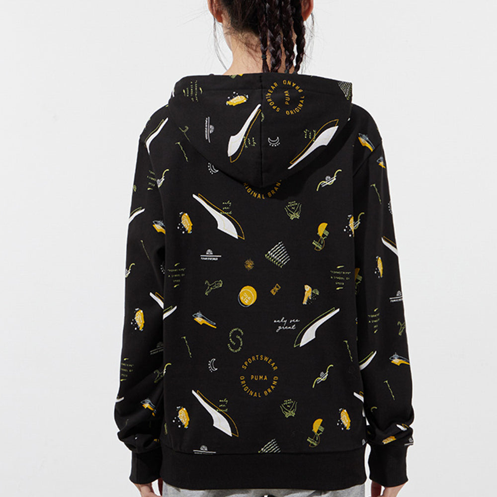 (WMNS) PUMA Casual Full Print Drawstring Loose Pullover Hoodie Black 534466-01