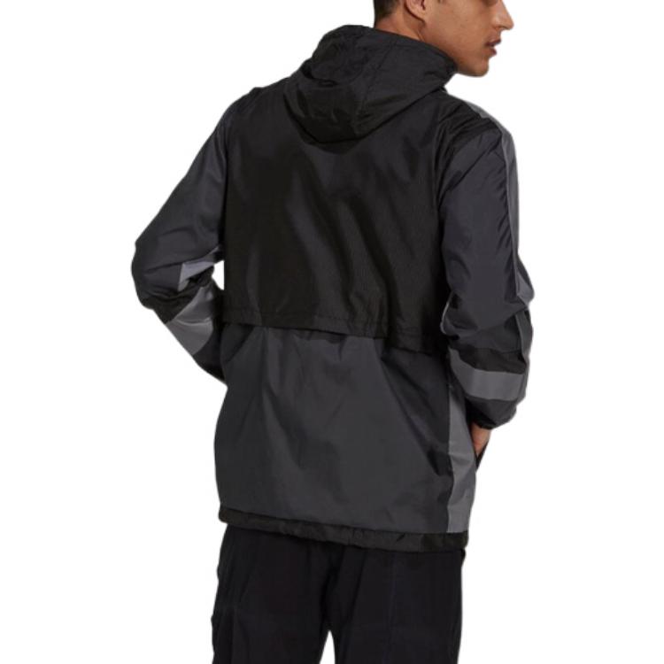 Men's adidas Logo Printing Drawstring Hooded Zipper Sports Jacket Black H31442